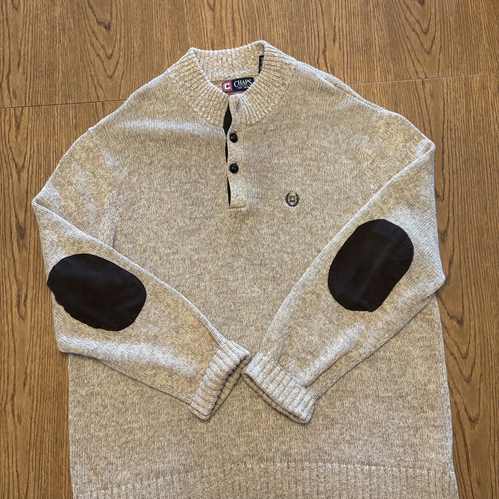 Chaps Men's 2XLT Henley Sweater Beige Elbow Patches‎ Cotton Pullover